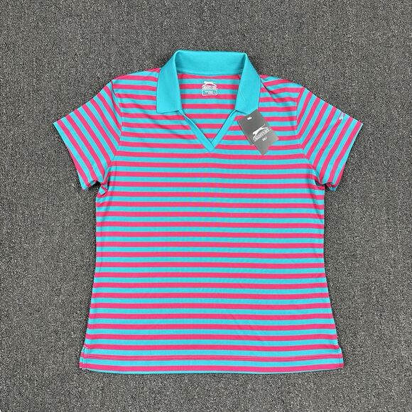 NEW Slazenger Polo Sloane Short Sleeve Stripe Tile Blue Pink V- Neck Size Large - Picture 1 of 5